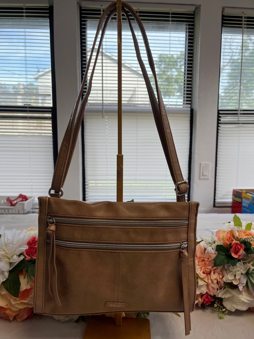 Relic Tan Crossbody Shoulder Bag Multi Zip Organizer Faux Leather